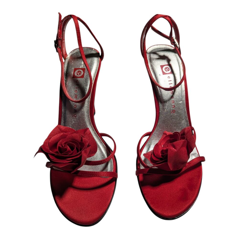 Vtg Y2K Ellemenno Red Satin Rose Floral Accent High Heel Strappy Sandals Sz 8 - Picture 2 of 5